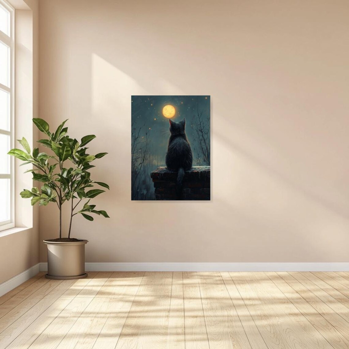 Black Cat Gazing at the Full Moon on a Brick Wall in Starry Night Style Poster - Image 3