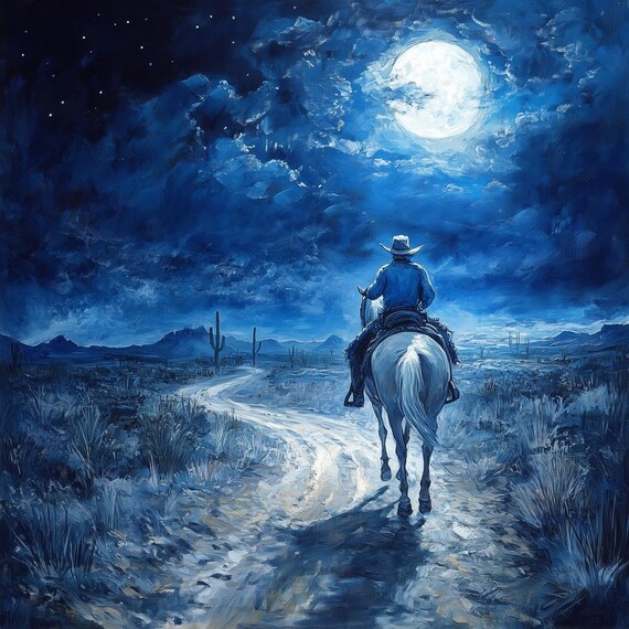 Lone Cowboy on a White Horse Under a Moonlit Desert Sky Poster