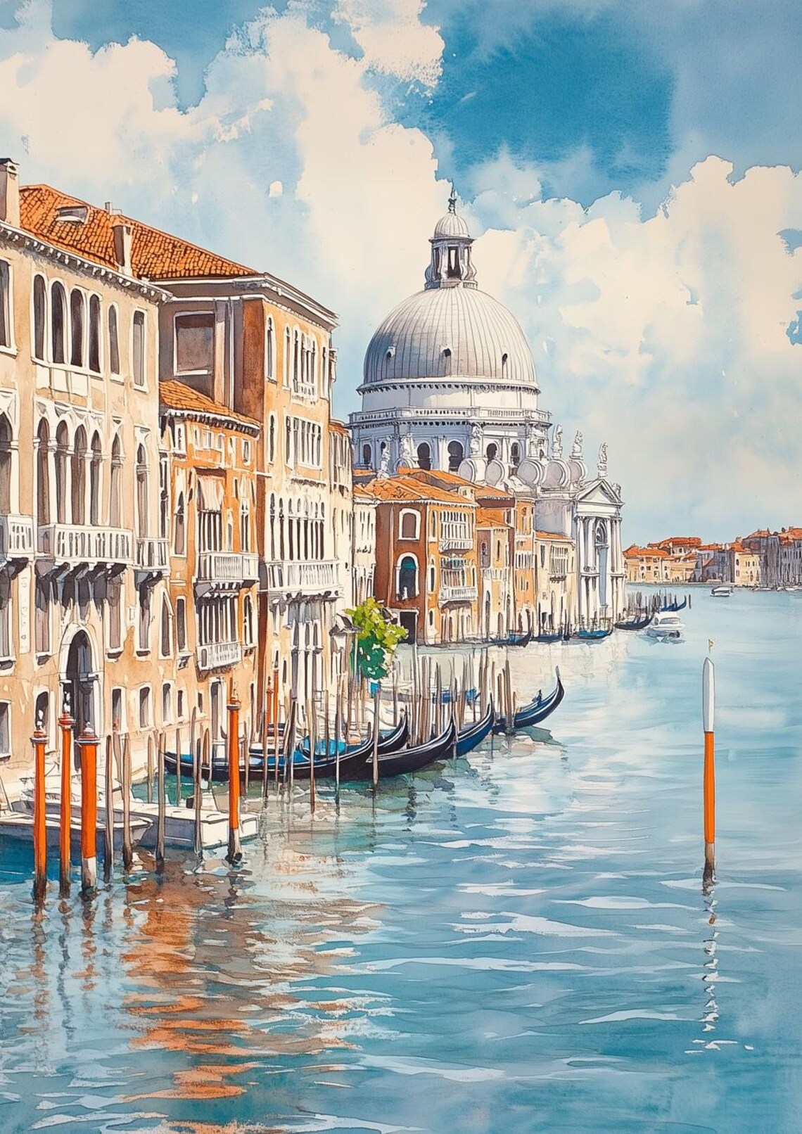 Venice Grand Canal Watercolor with Santa Maria della Salute Church Poster