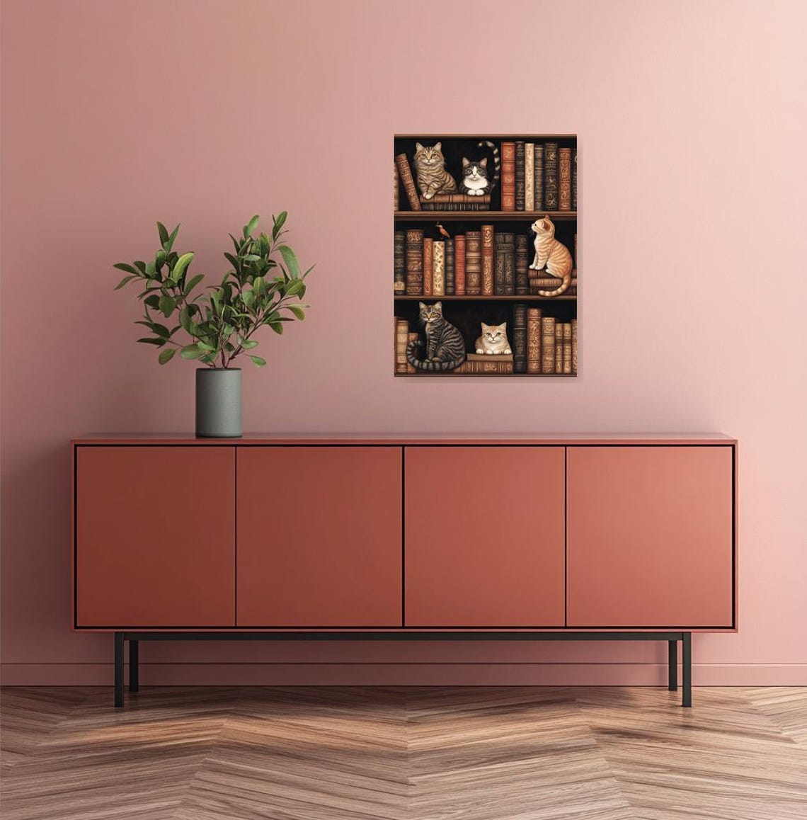 Cute Cats Lounging On Vintage Bookshelves Whimsical Library Art Poster - Image 3