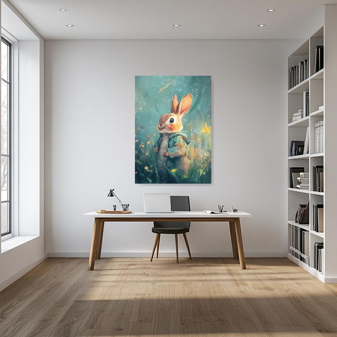 Whimsical Bunny in a Blue Jacket in a Dreamy Teal Meadow Poster - Image 2