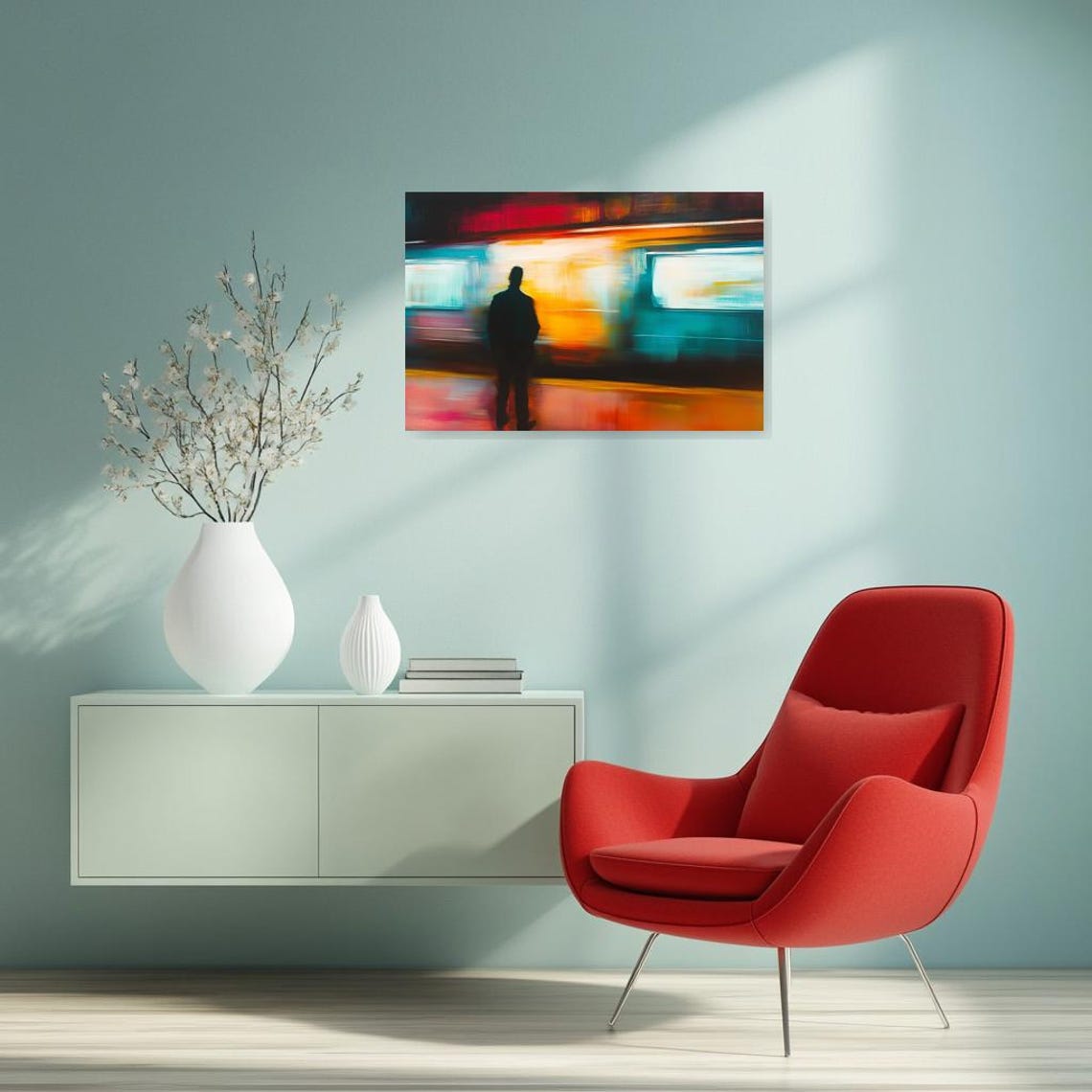 Silhouette Waiting On Subway Platform Neon Motion Blur Art Poster - Image 3