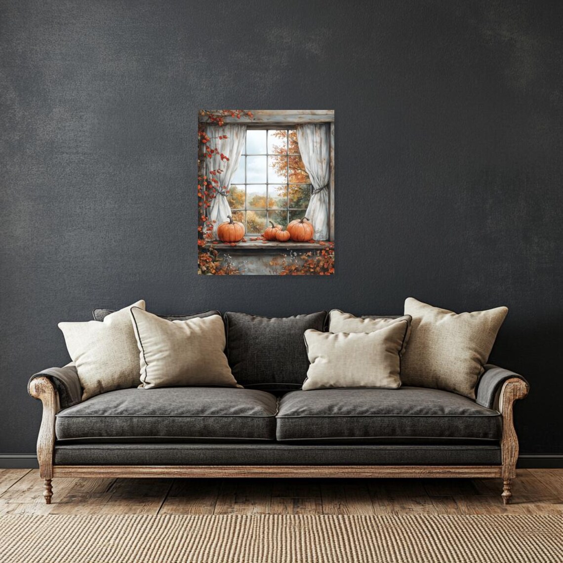 Autumn Window Pumpkins Fall Foliage Watercolor Cozy Home Poster - Image 3