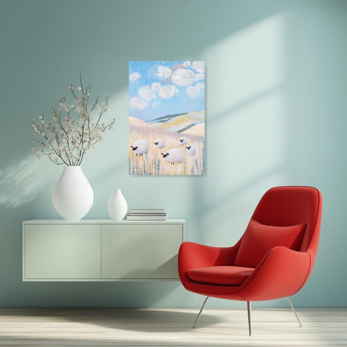 Whimsical Fluffy Sheep in Sunny Meadow Swirling Clouds Art Poster - Image 3