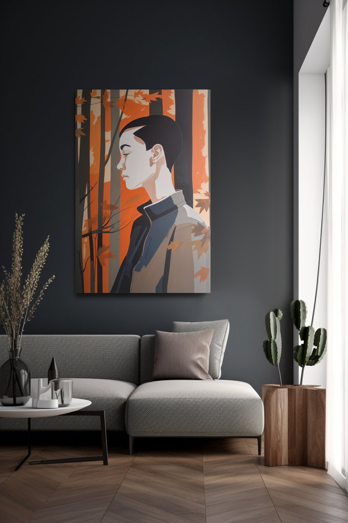 Stylish Young Man Portrait Orange Autumn Forest Modern Art Poster - Image 2