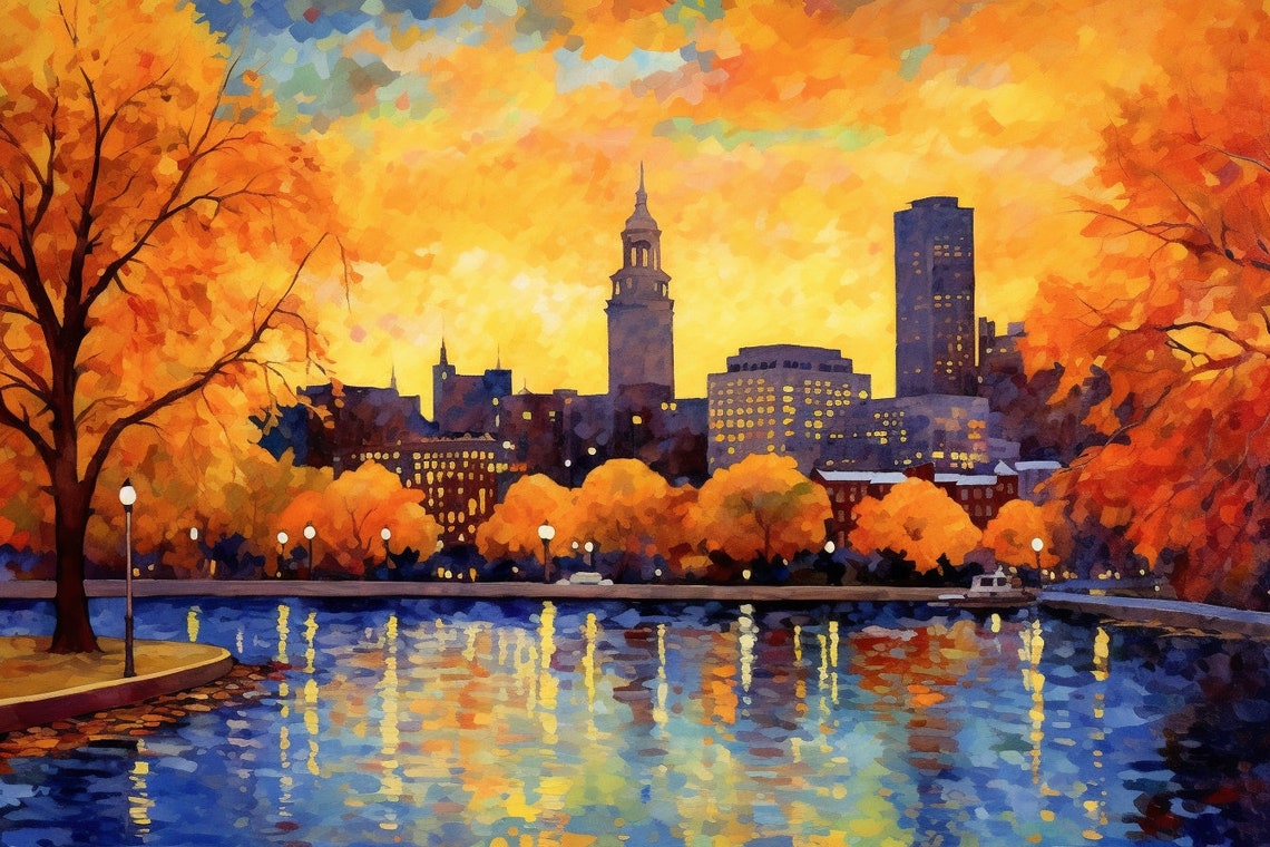 Boston Autumn Esplanade Sunset River Reflection Cityscape Poster