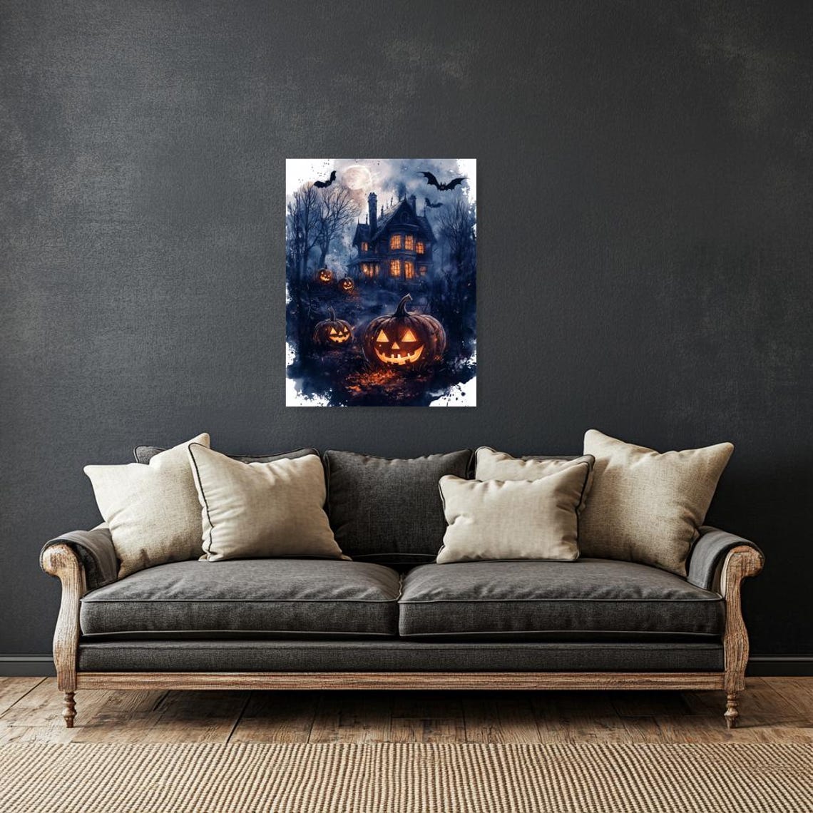 Spooky Halloween Haunted House With Glowing Pumpkins Night Poster - Image 3
