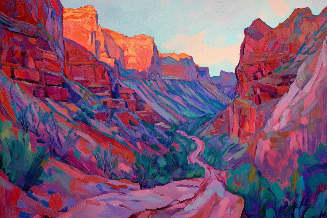 Colorful Desert Canyon Landscape With Winding Trail At Sunset Poster
