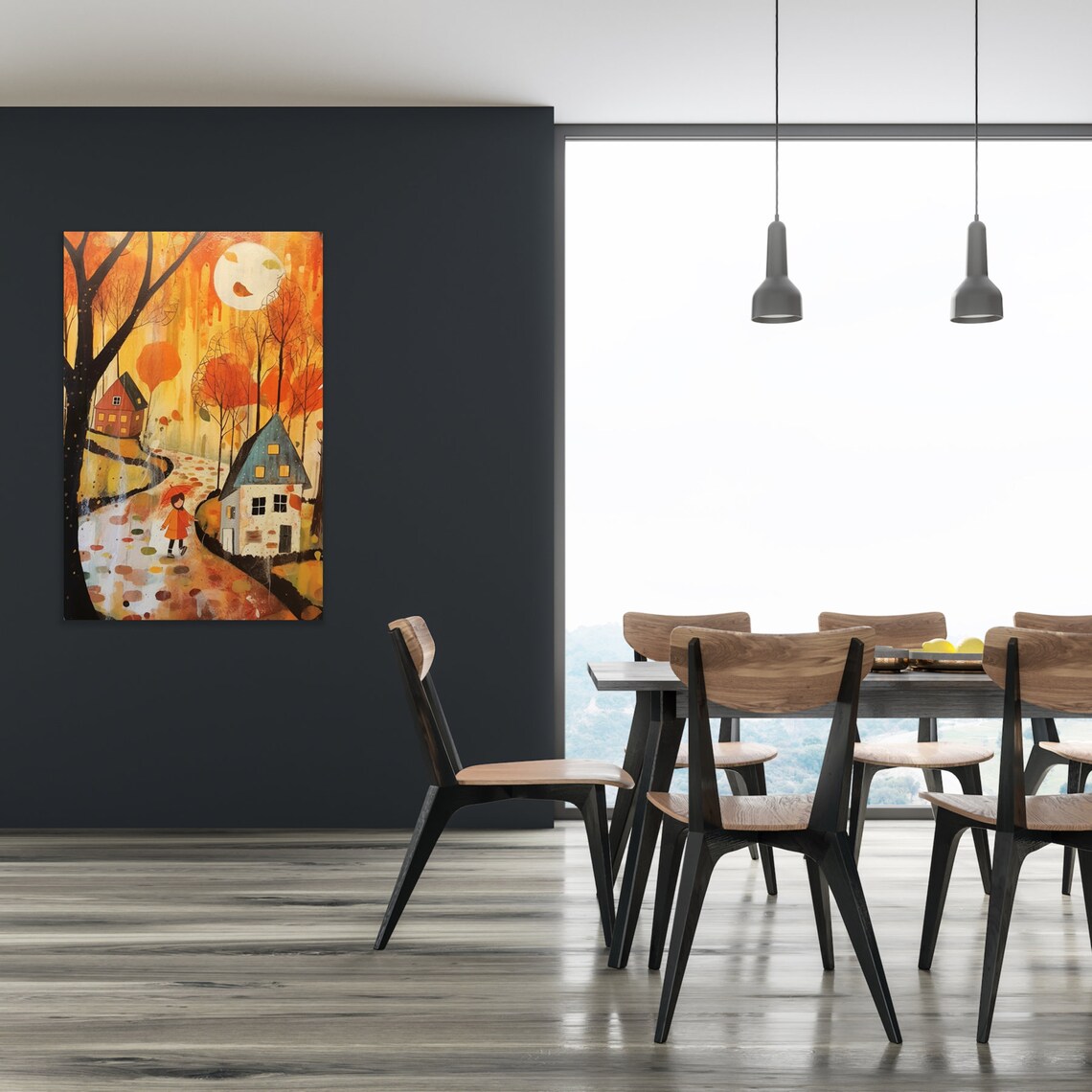 Girl in Orange Coat with Umbrella in Autumn Village Watercolor Poster - Image 2