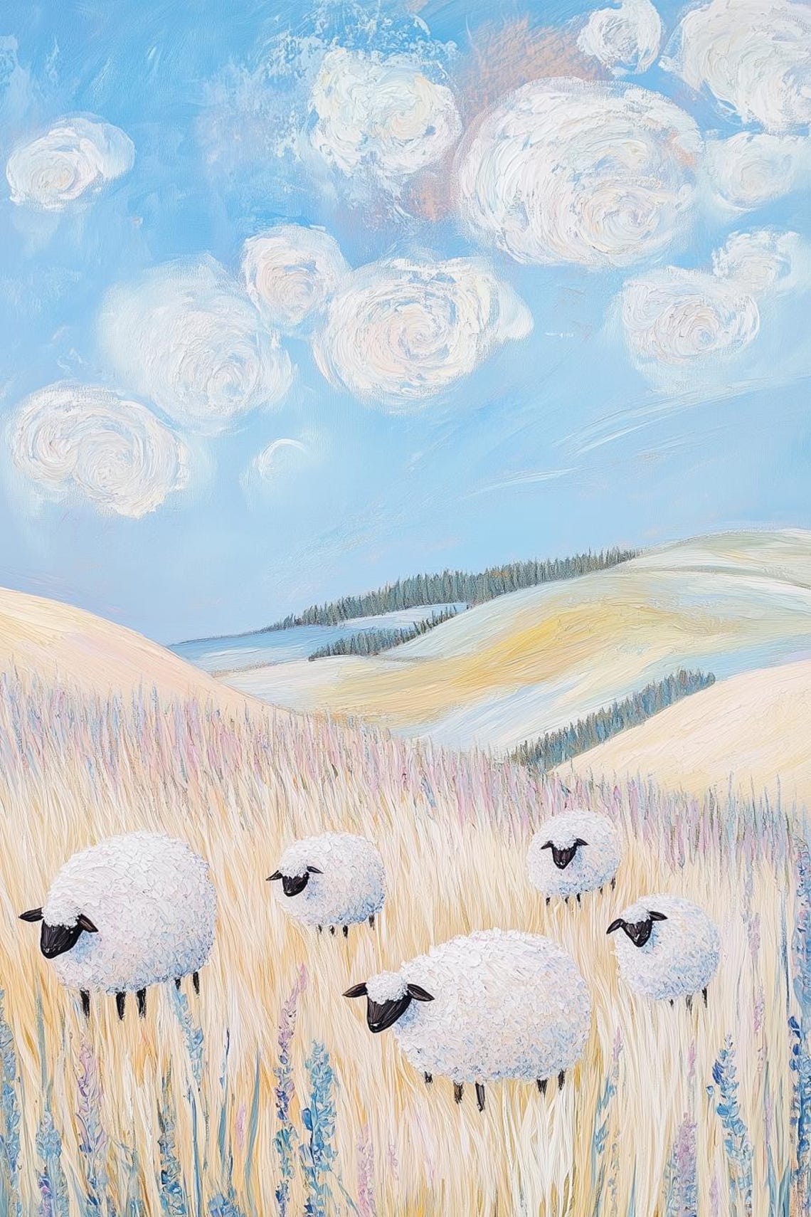 Whimsical Fluffy Sheep in Sunny Meadow Swirling Clouds Art Poster
