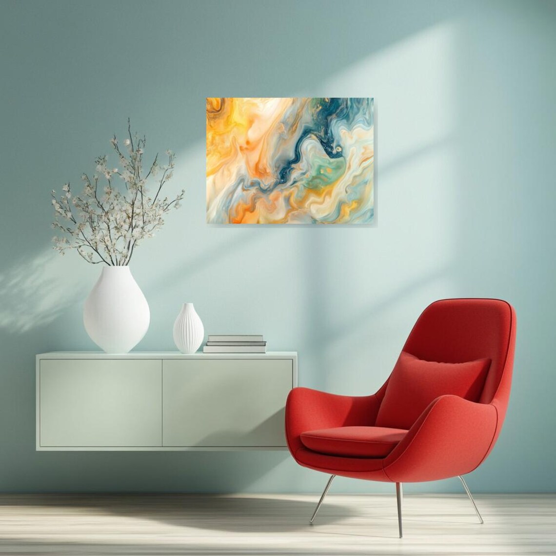 Original Abstract Art Inspired By Turner Colorful Swirls In Blue And Orange Modern Home Decor Print - Image 2