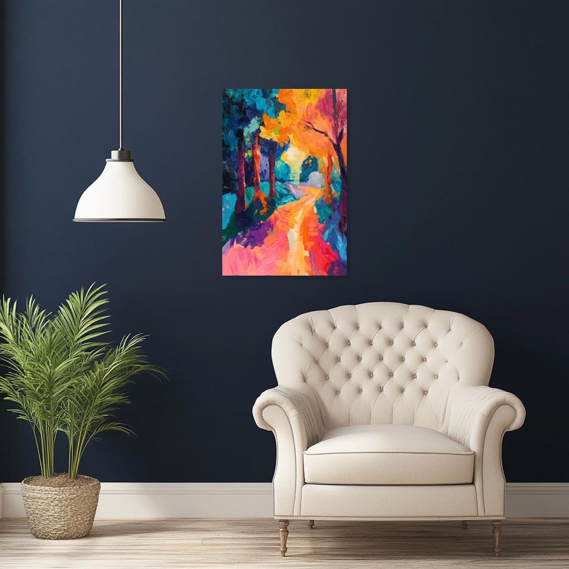 Vivid Autumn Forest Path in Electric Teal and Fiery Orange Poster - Image 2
