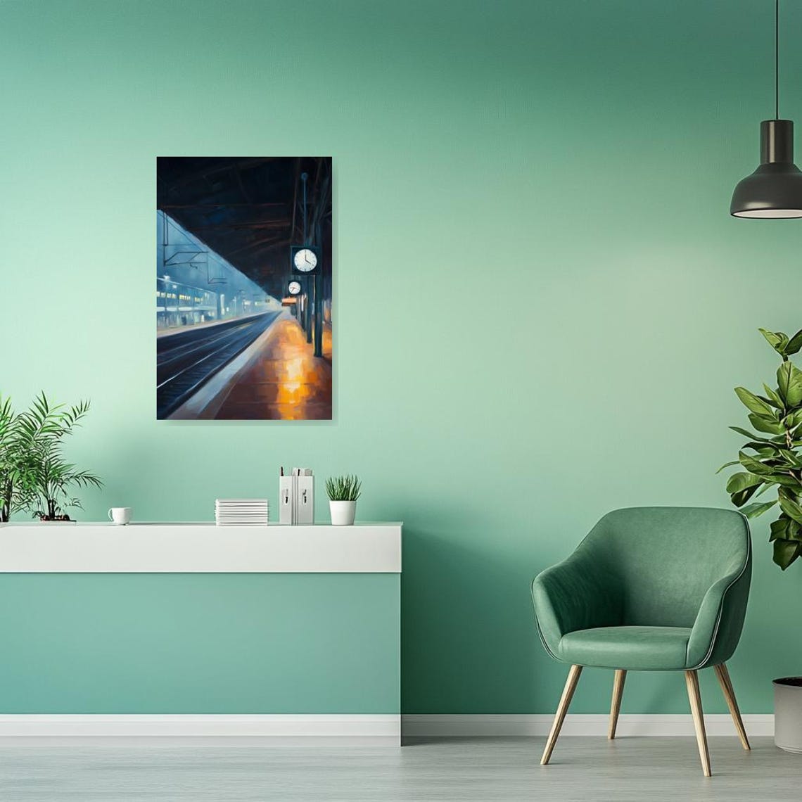 Rainy Railway Station Platform Night Clock Blue Hopper Style Poster - Image 2