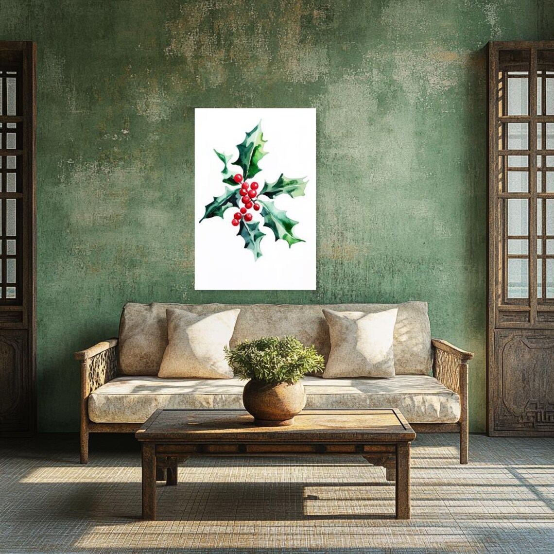 Watercolor Holly Leaves with Glossy Red Berries Botanical Holiday Poster - Image 2