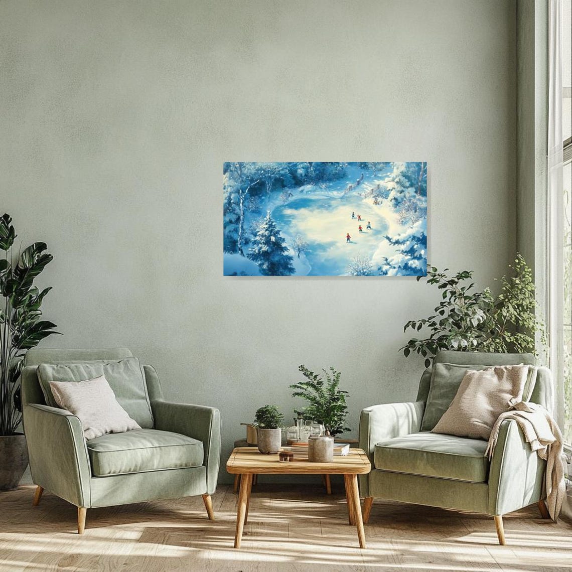 Children Ice Skating Frozen Pond Snowy Forest Winter Day Poster - Image 3