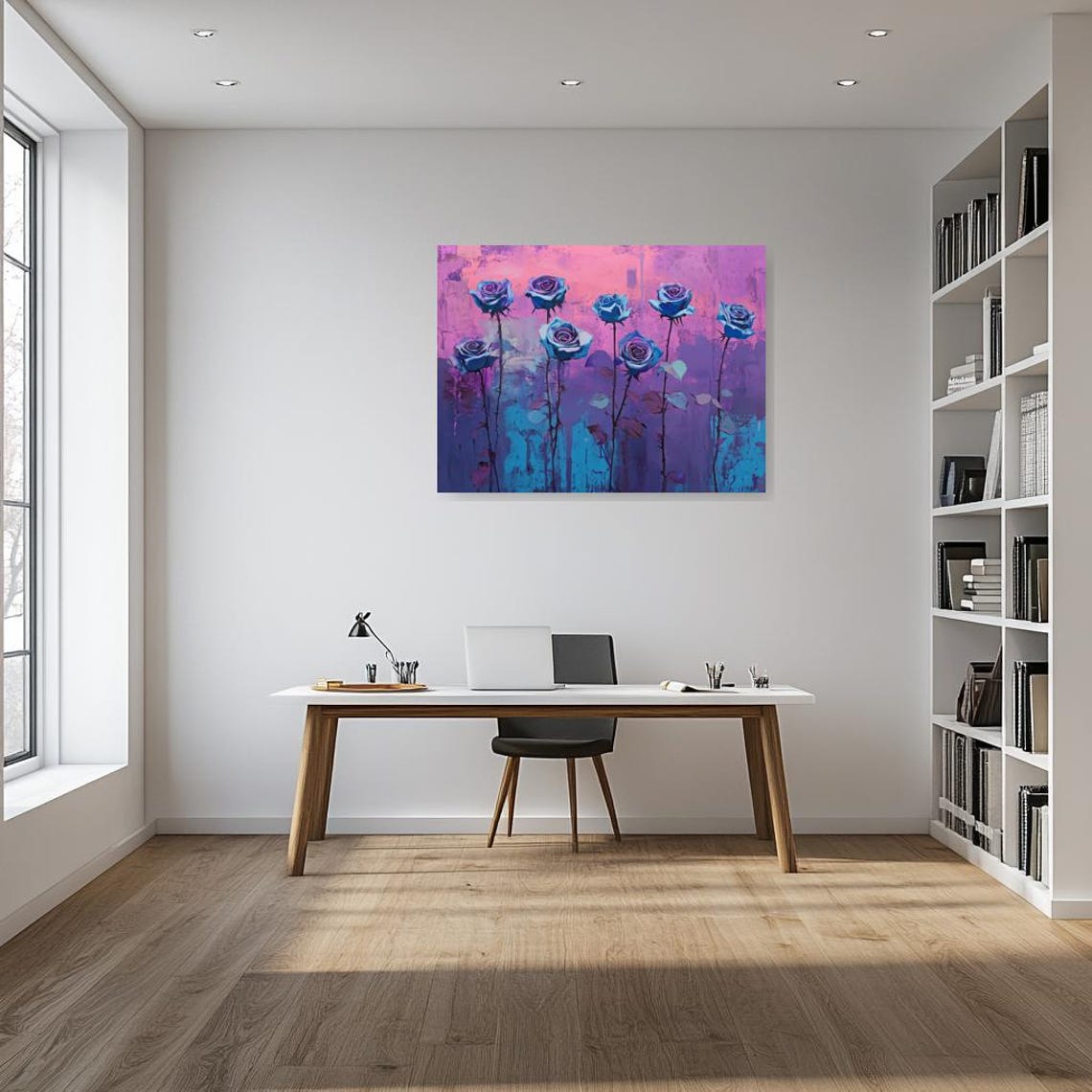 Blue Roses On Pink Gradient Background Floral Art Wall Poster - Image 3