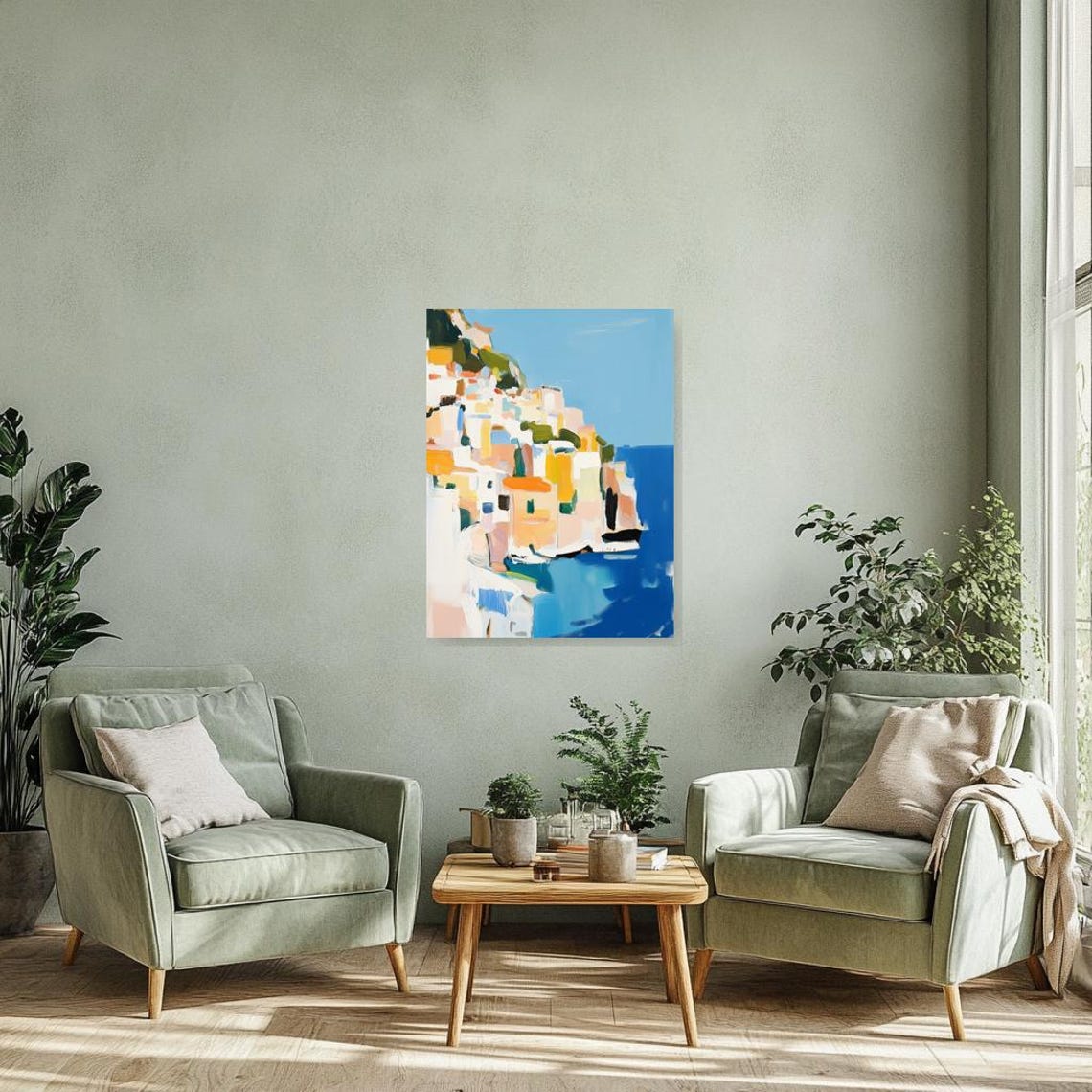 Impressionist Coastal Town On Cliffs Above A Sparkling Blue Sea Poster - Image 2
