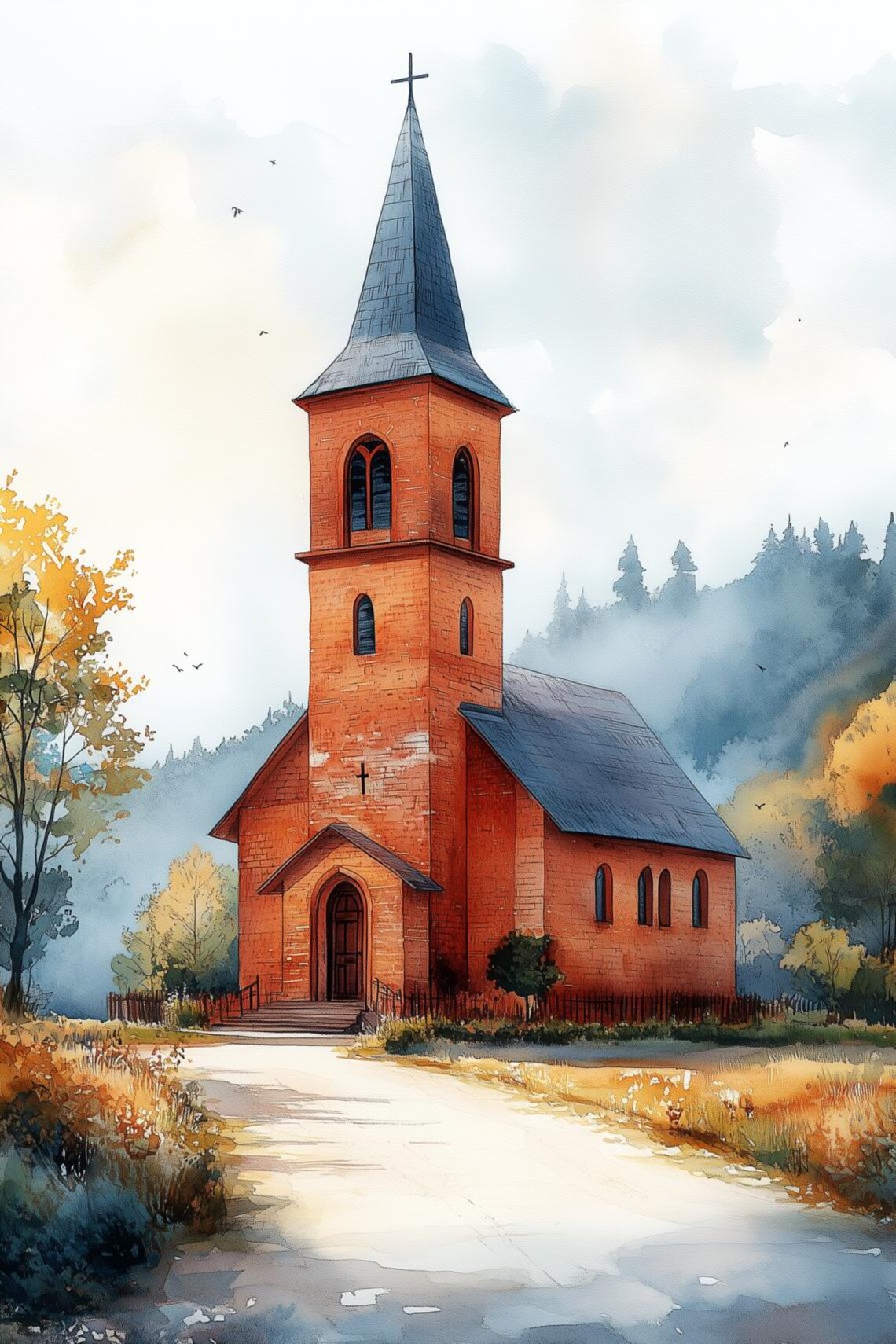 Red Brick Country Church Watercolor Autumn Countryside Poster