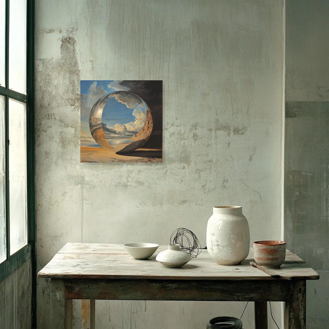 Surreal Giant Sphere Reflecting the Sky over Desert Beach Poster - Image 2