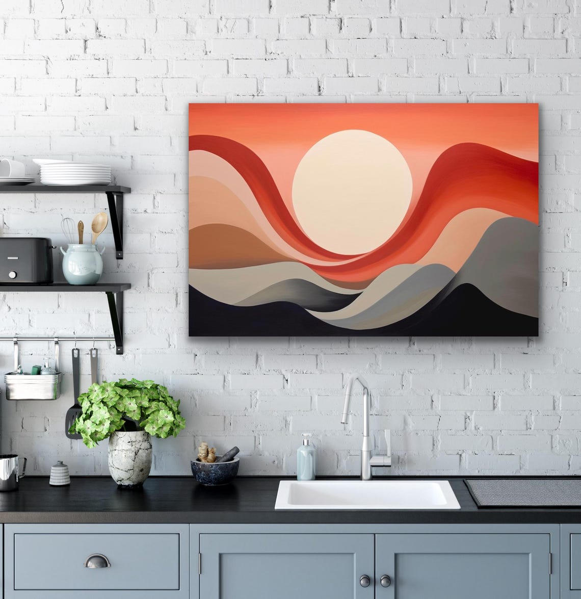 Abstract Sunset Landscape White Sun Red Wave Hills Minimal Art Poster - Image 2