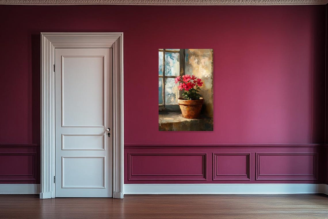 Sunlit Terracotta Pot Red Flowers By Rustic Window Art Poster - Image 2