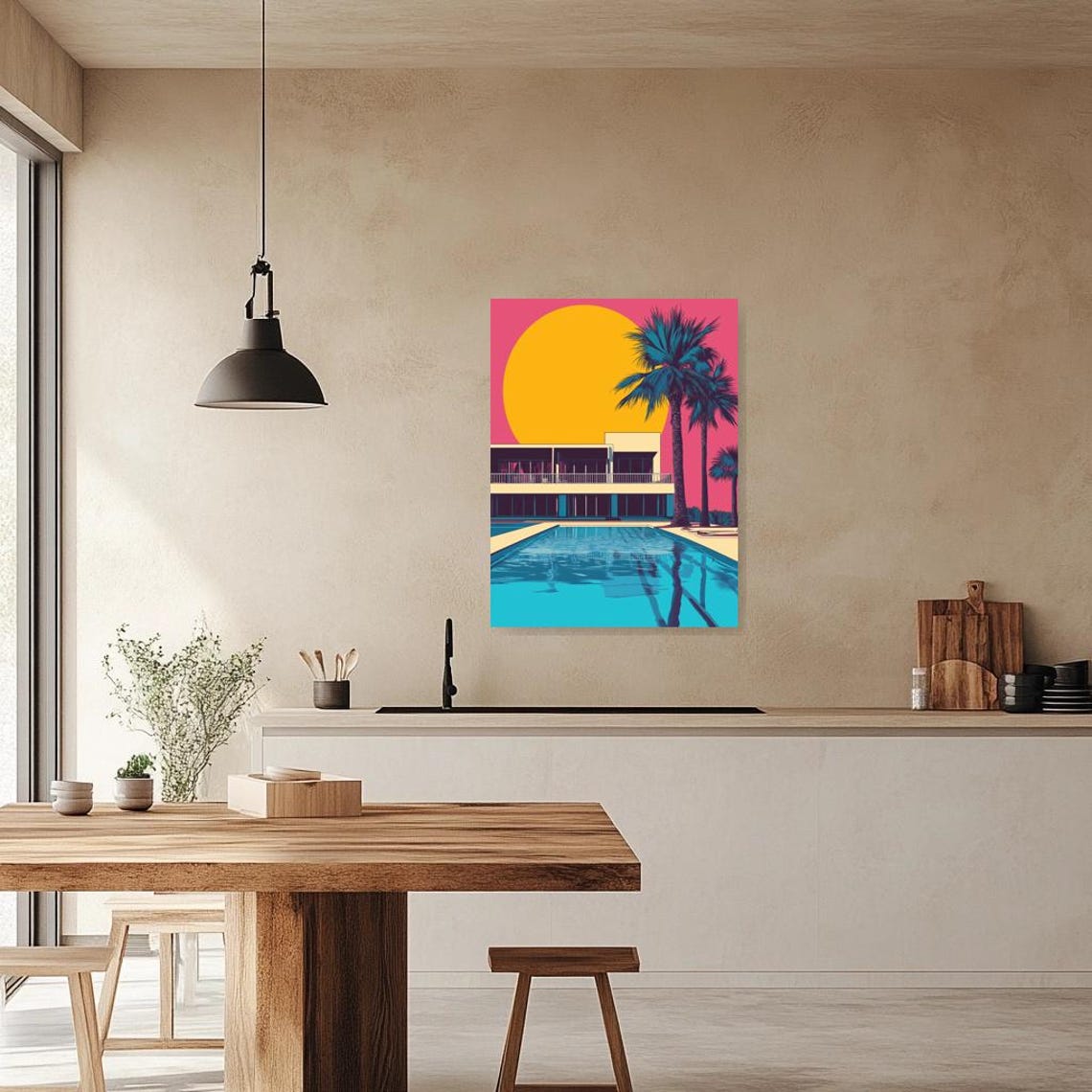 Mid-Century Modern Poolside Villa with Palms and Pink Sky Poster - Image 3