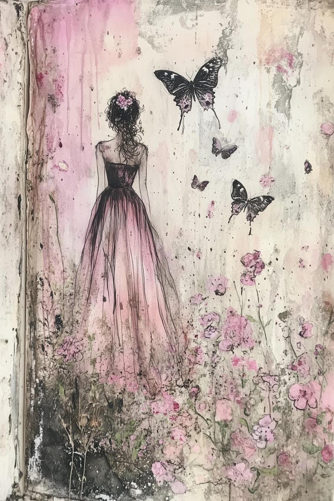 Girl in a Flowing Pink Dress with Butterflies Fashion Poster