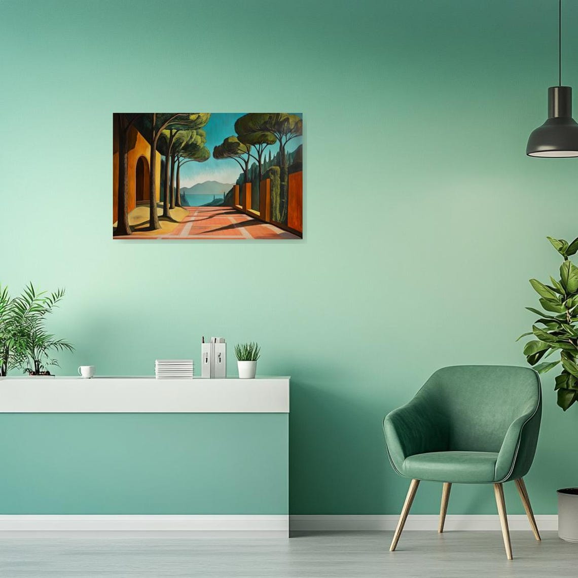 Italian Lakeside Terrace with Pine Trees Under Teal Sky Poster - Image 2