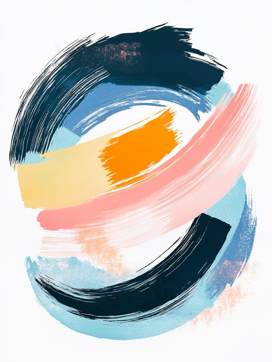 Abstract Circular Brushstroke Swirl in Navy Coral Blue Poster