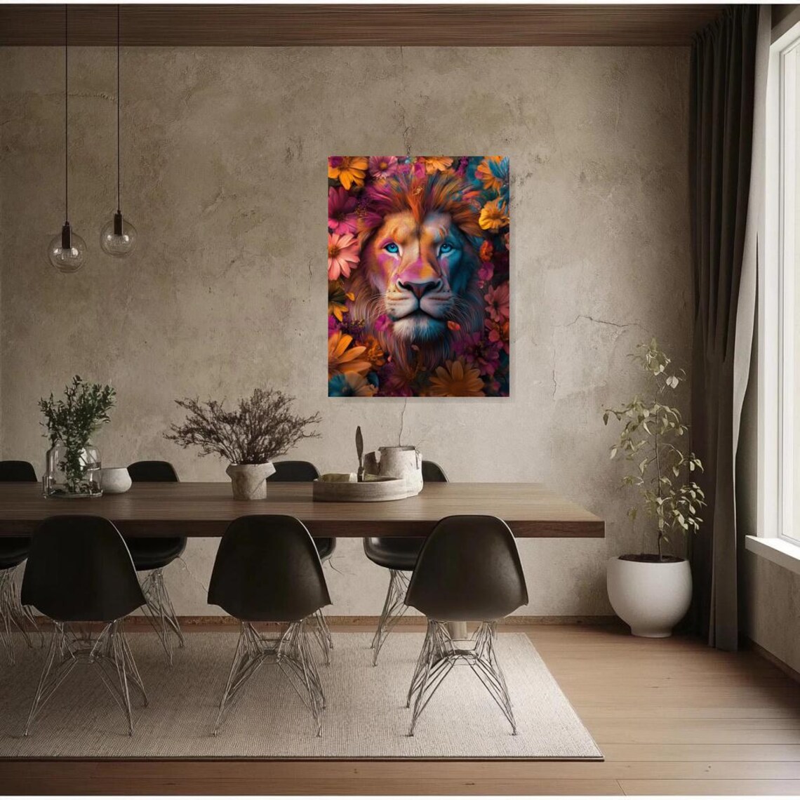 Colorful Lion Portrait Surrounded by Vibrant Flowers Psychedelic Poster - Image 3