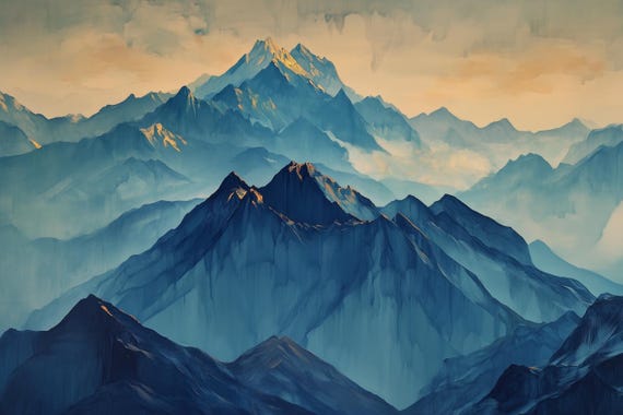 Custom Wall Art Mountain Landscape In The Style Of Caspar David Friedrich Blue Tones Home Decor