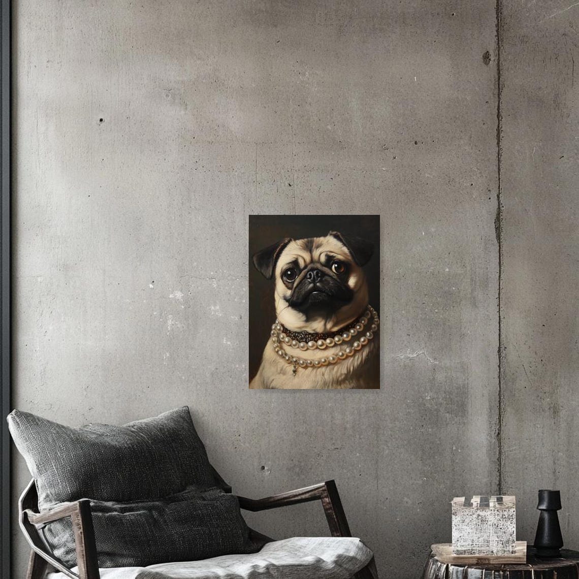 Baroque Style Pug Dog Portrait Wearing Pearl Necklaces Poster - Image 2