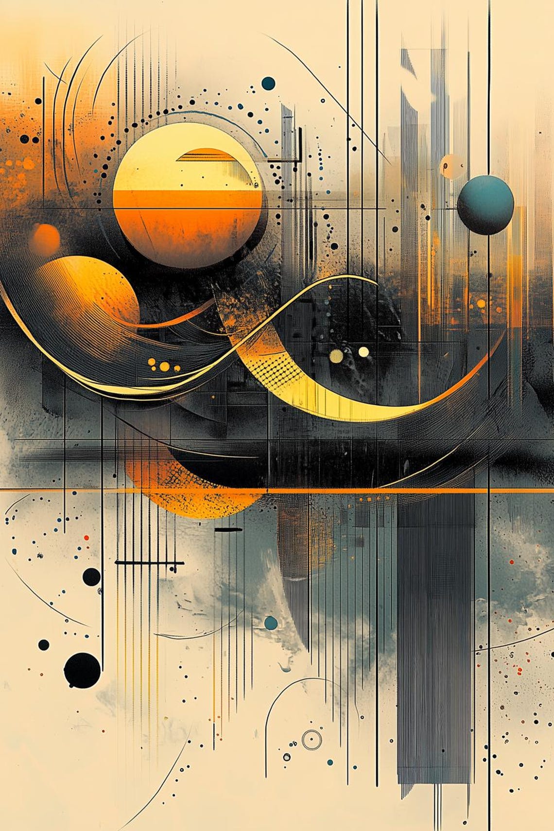 Abstract Geometric Print Inspired By Kandinsky In Warm Gold And Blue Hues For Modern Wall Art And Home Decor