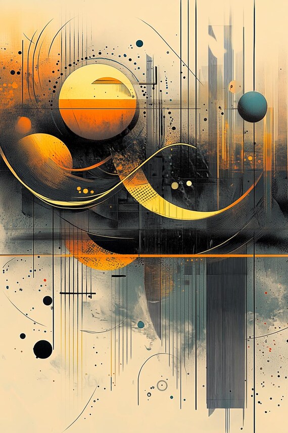 Glowing Golden Orbs in a Dark Abstract Kandinsky Style Poster