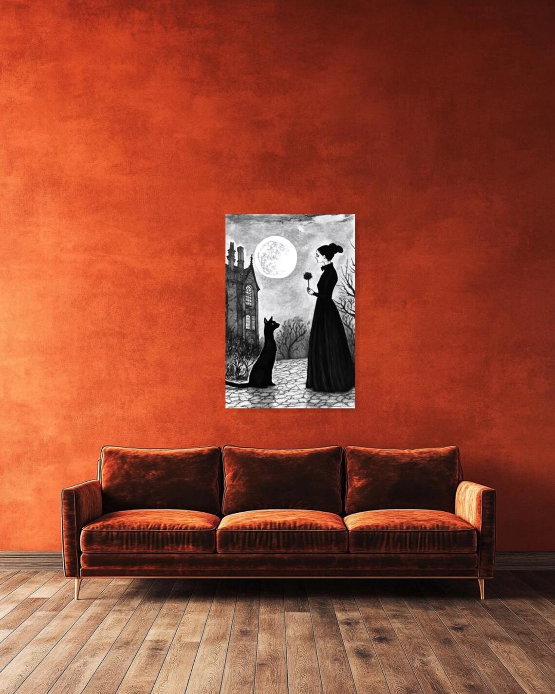Gothic Woman With Black Cat Haunted House Full Moon Art Poster - Image 3