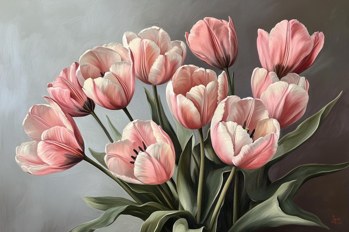 Soft Pink Tulip Bouquet Floral Painting For Elegant Home Decor Poster