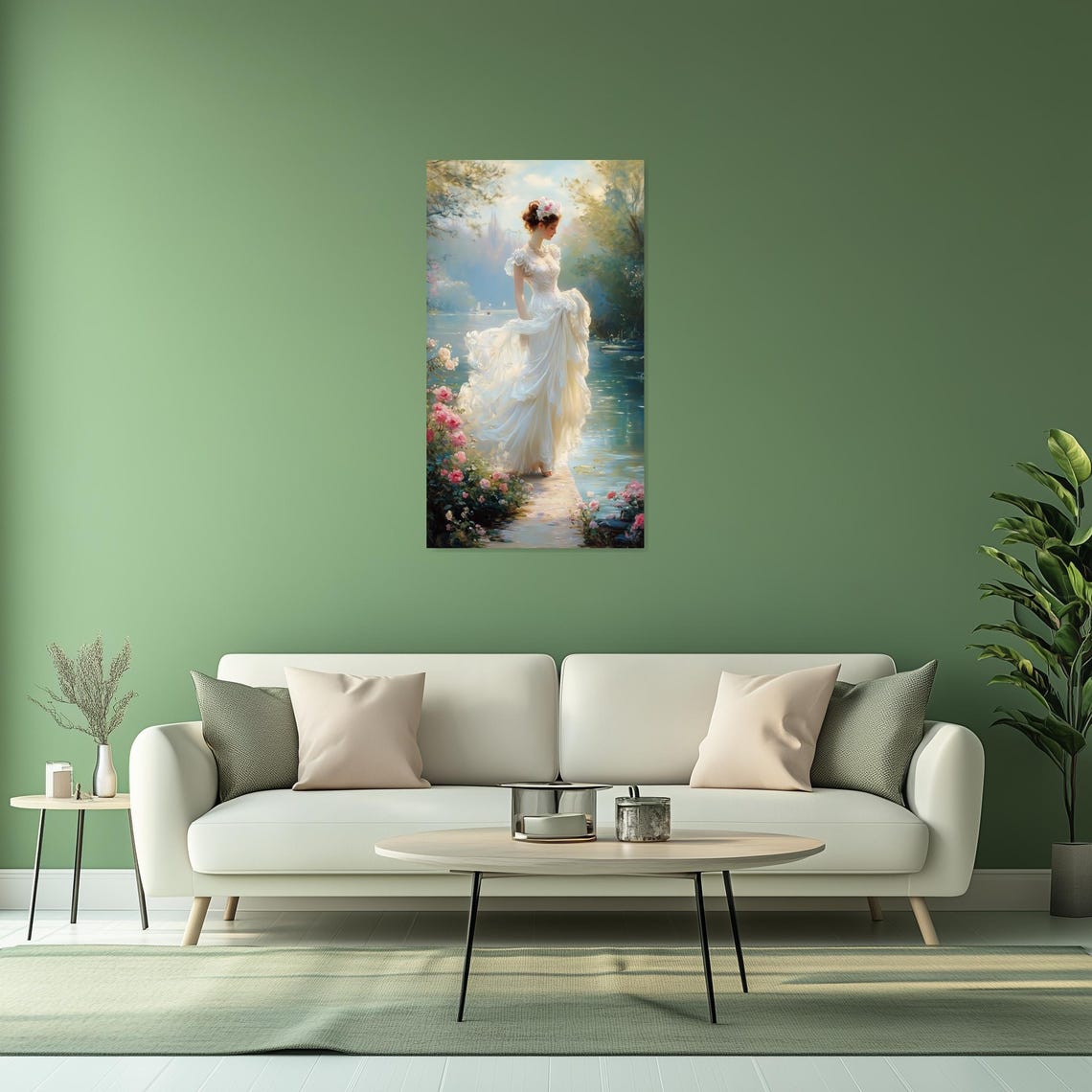 Elegant Lady White Gown Lakeside Rose Garden Romantic Poster - Image 3