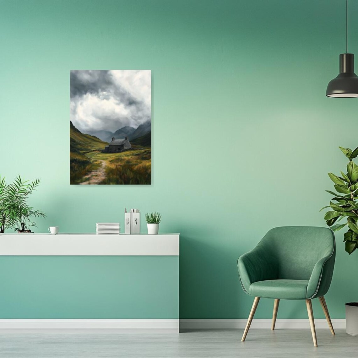 Rustic Stone Cottage Misty Mountain Valley Stormy Sky Landscape Poster - Image 2
