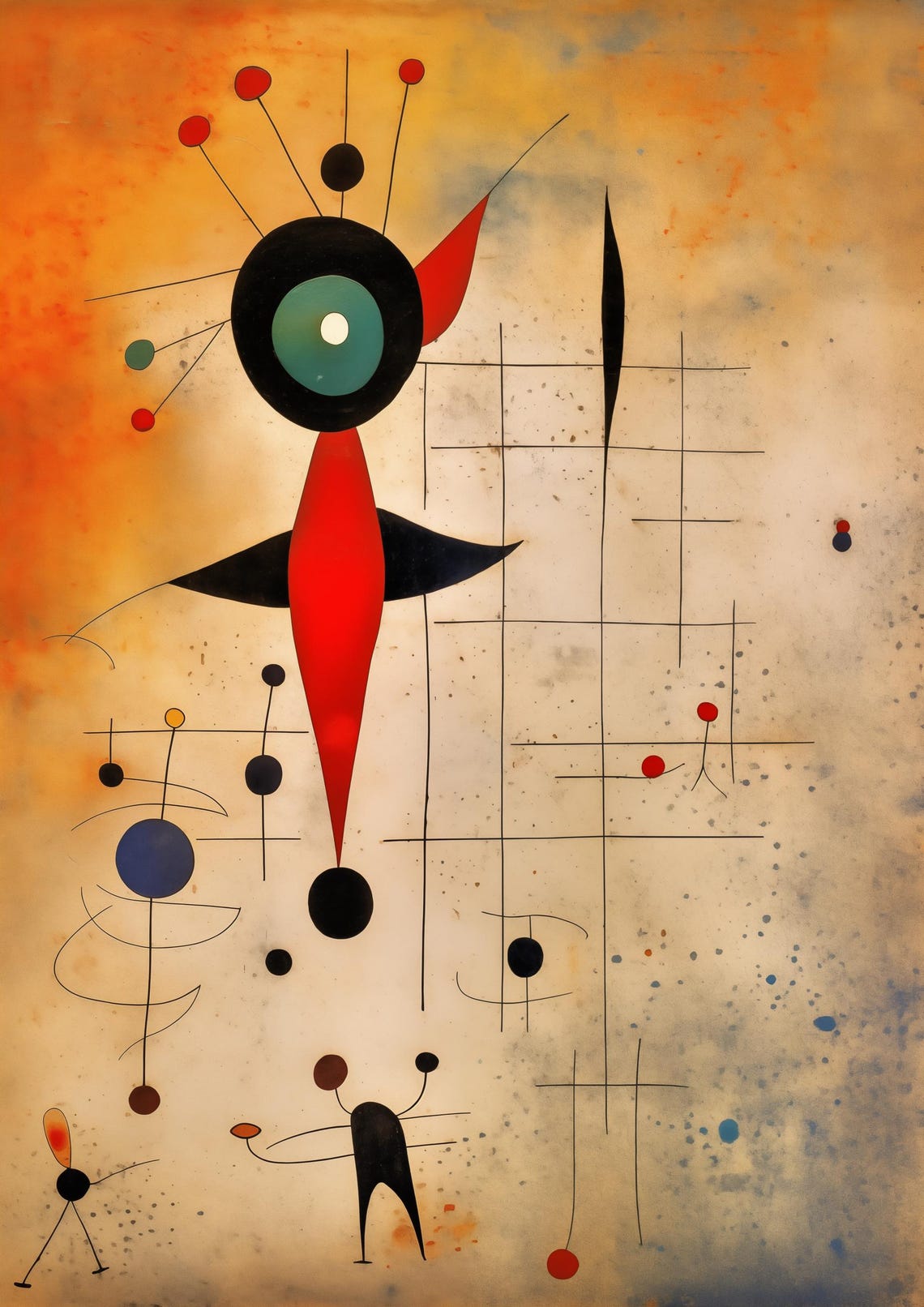 Miró Style Abstract Red Sun Figure on Warm Orange Canvas Poster