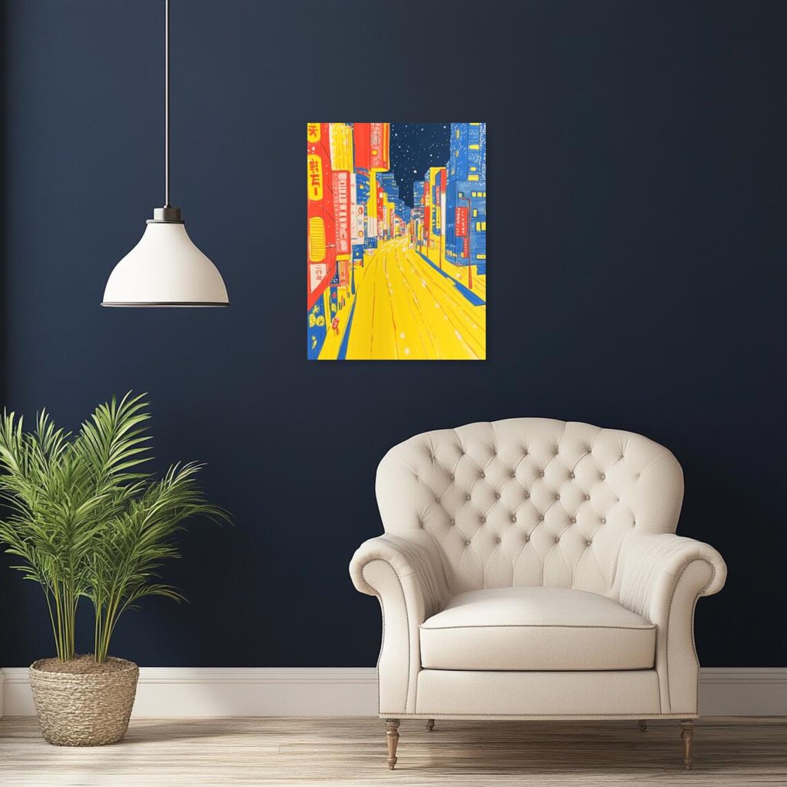 Vibrant Neon City Street At Night In Yellow Blue And Red Tones Poster - Image 4