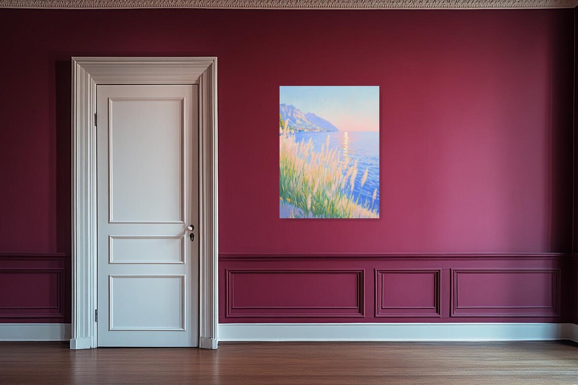 Pastel Coastal Landscape With Reeds and Mountains Impressionist Poster - Image 3