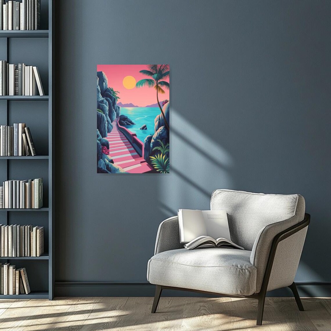 Retro 80s Tropical Paradise Staircase to Turquoise Sea Art Poster - Image 3