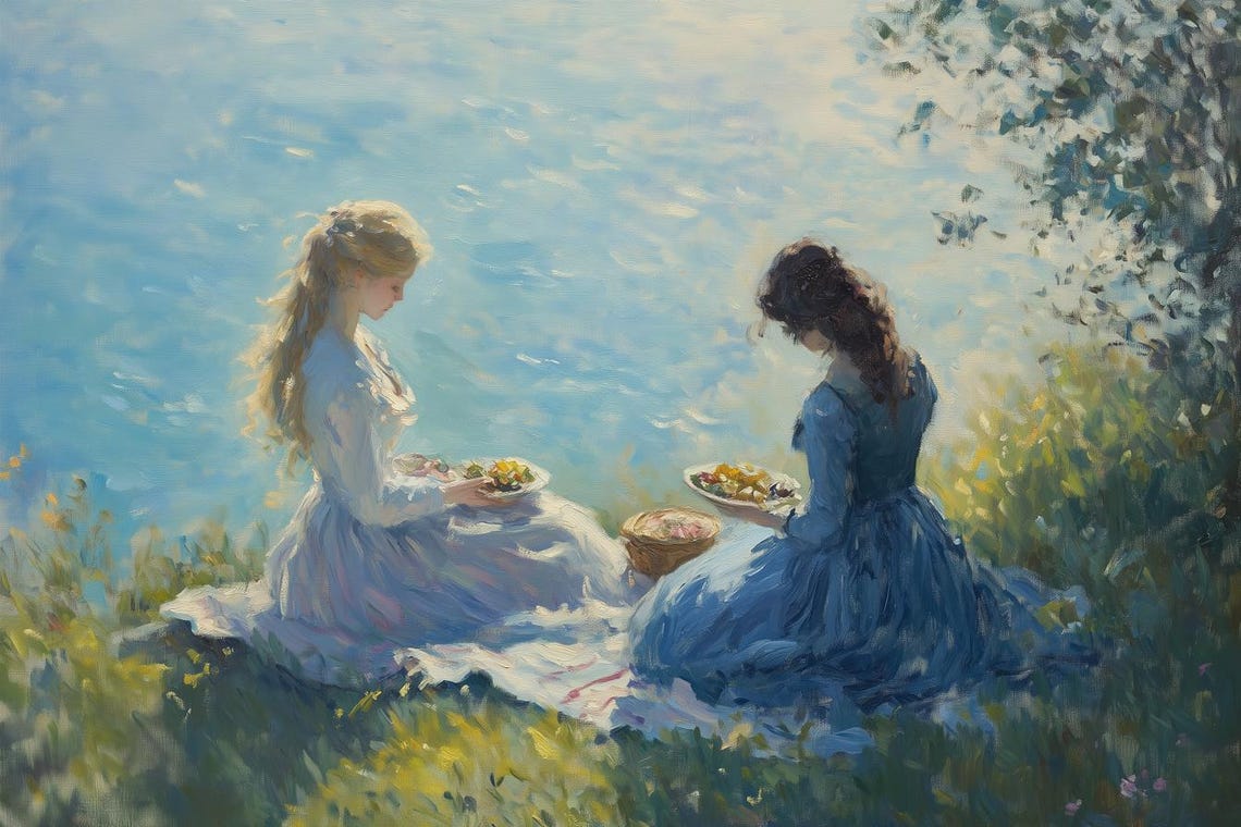 Custom Print Of Two Ladies By The Water In Impressionist Style Inspired By Claude Monet For Home Decor
