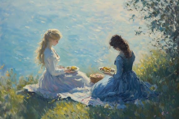 Custom Print Of Two Ladies By The Water In Impressionist Style Inspired By Claude Monet For Home Decor
