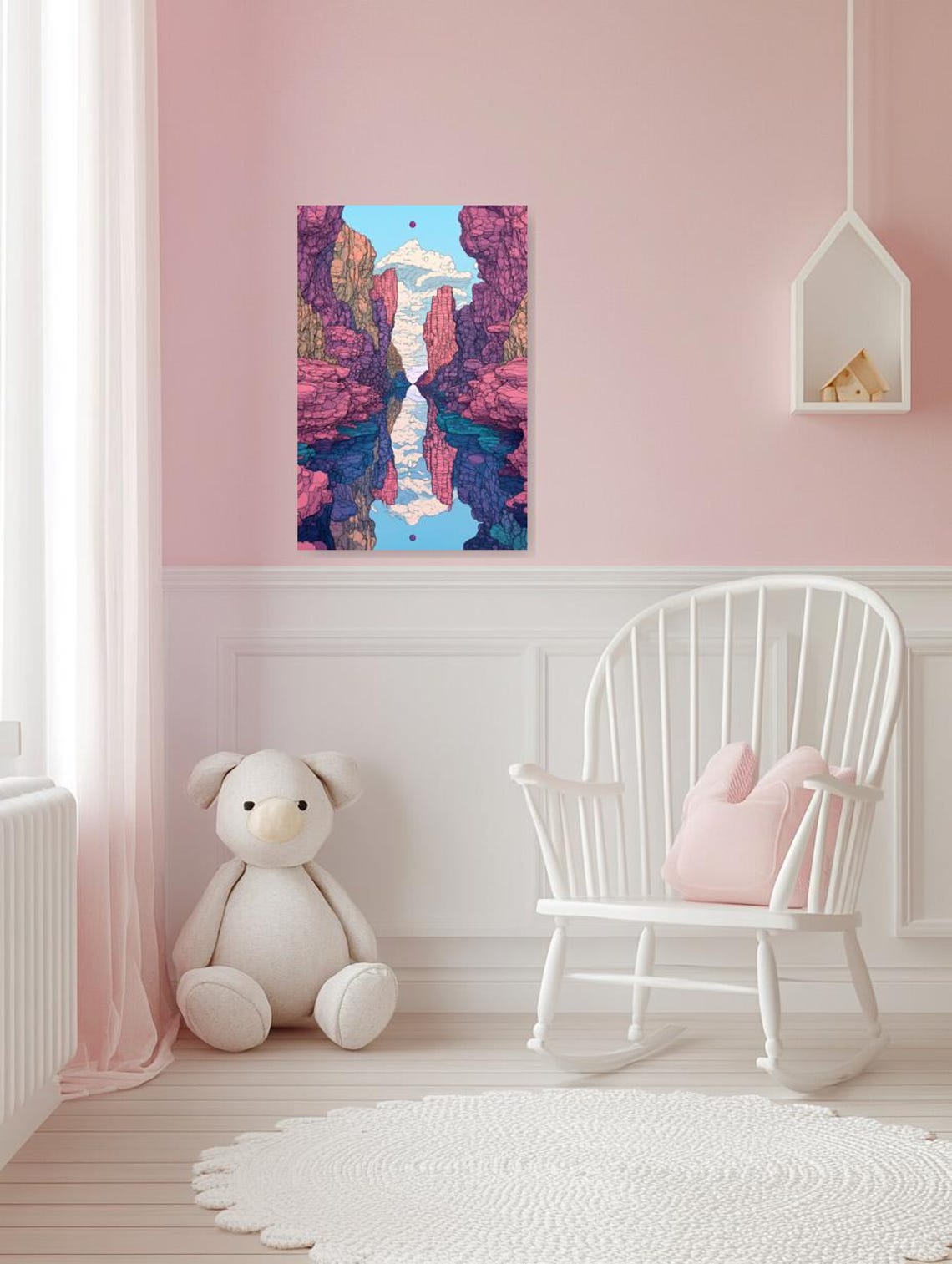 Surreal Mirrored Pink Canyon Reflection Over Teal Water Poster - Image 3