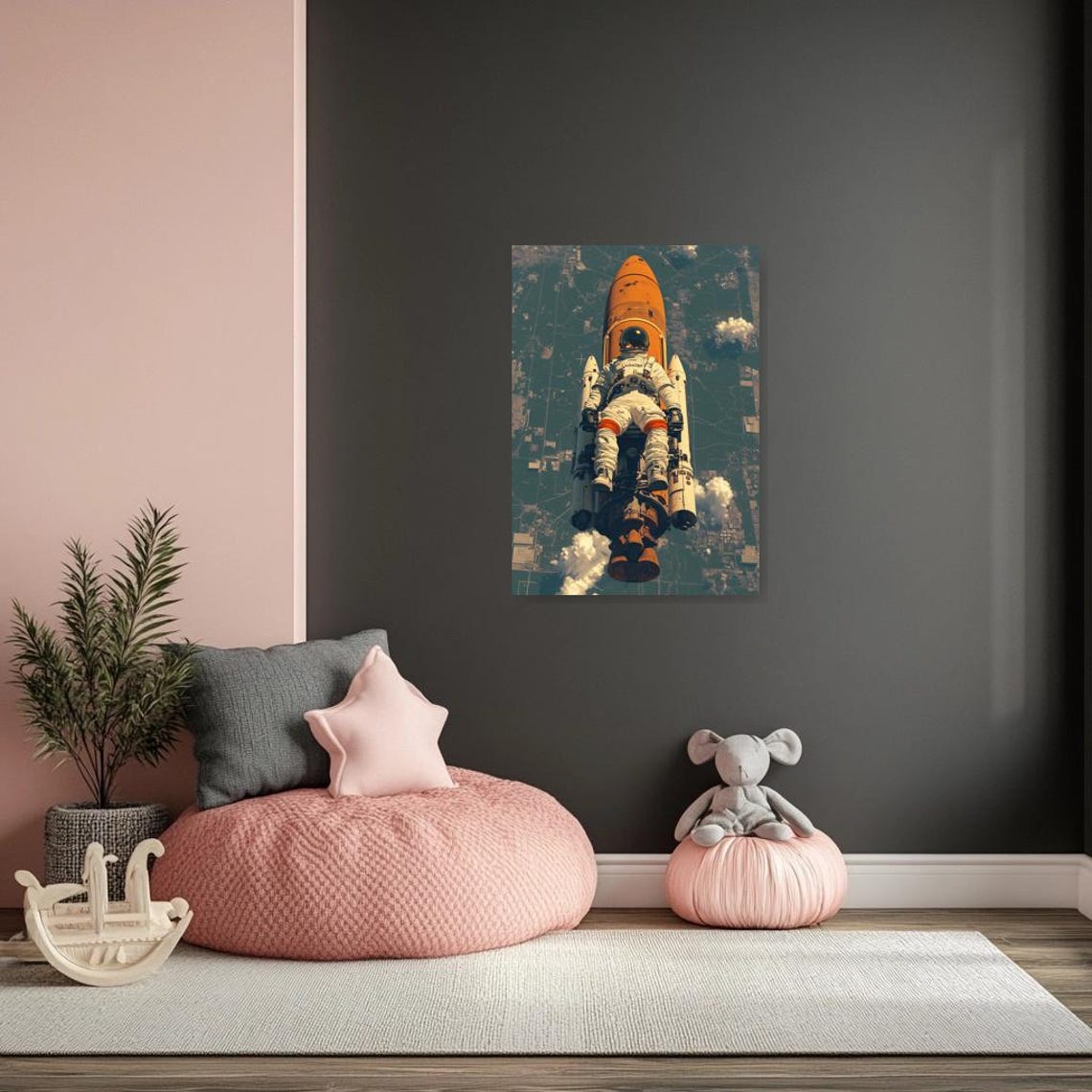 Retro Astronaut Riding a Space Shuttle High Above Earth Poster - Image 2