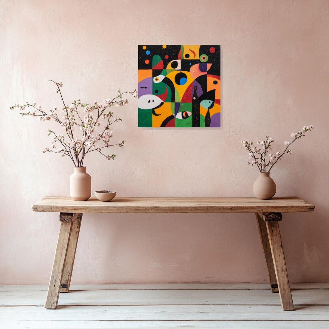 Surrealist Abstract With Eyes and Stars Bold Colors on Black Art Print - Image 3