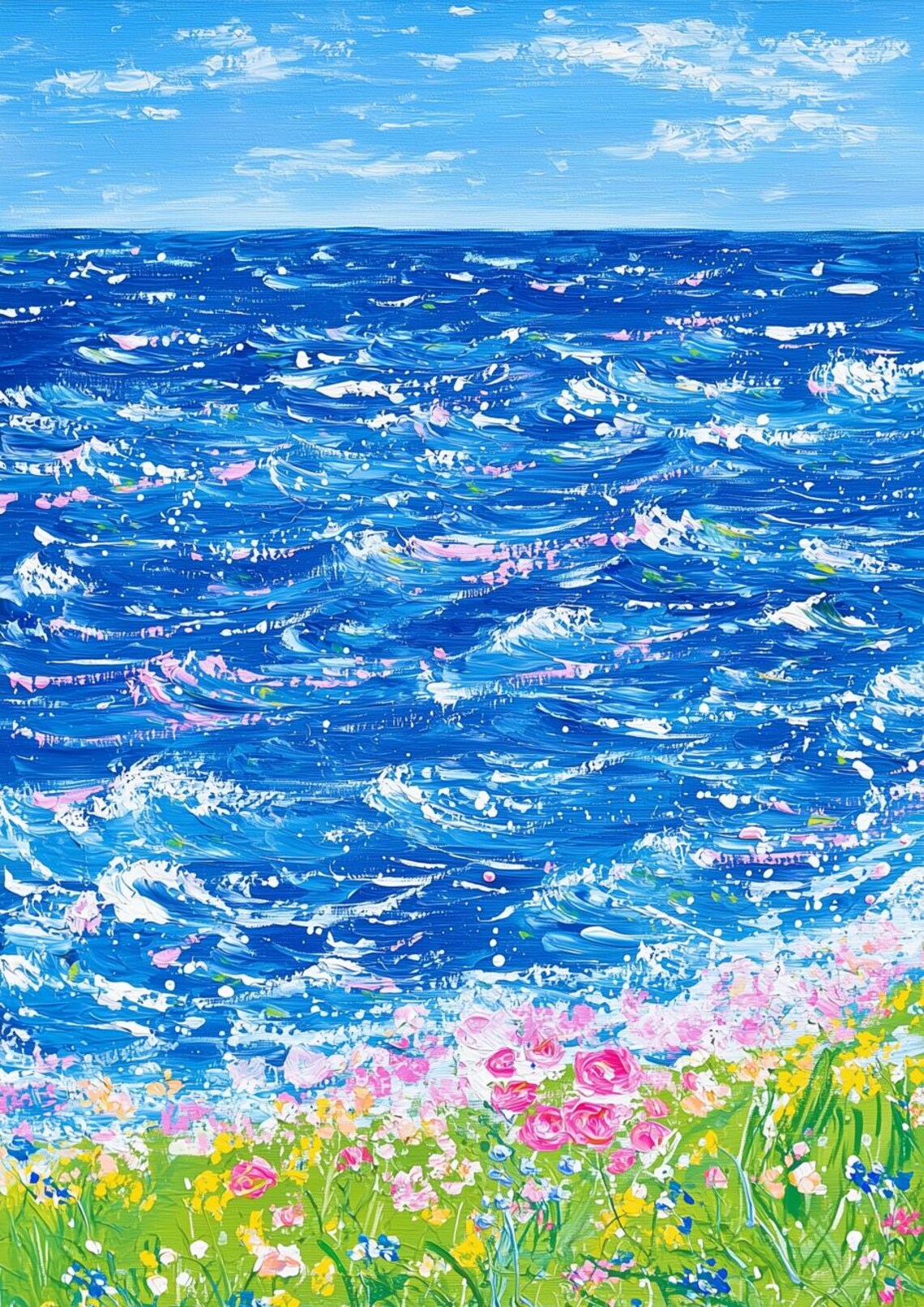 Bright Blue Ocean Waves Meeting a Colorful Wildflower Meadow Poster