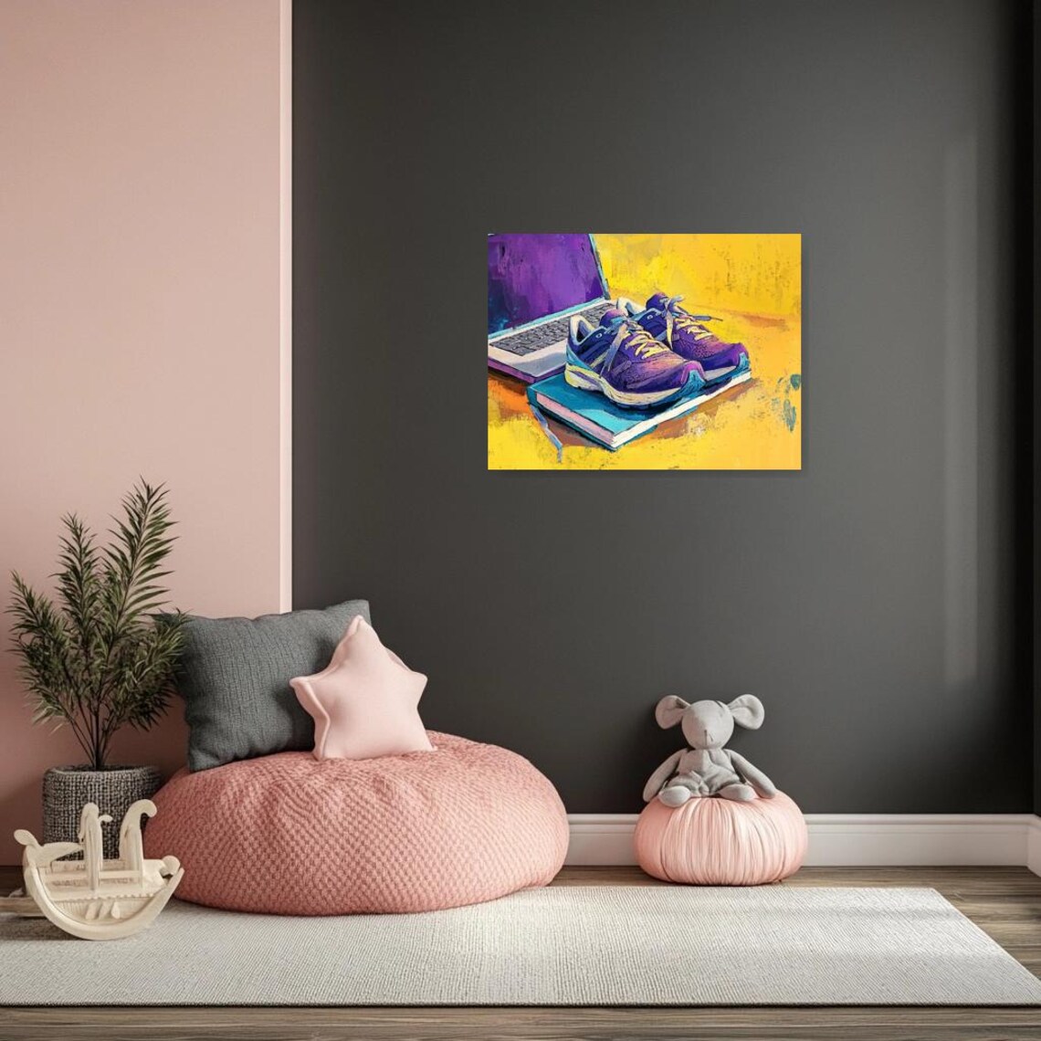 Purple Running Shoes on Books Laptop Colorful Pop Art Still Life Poster - Image 3