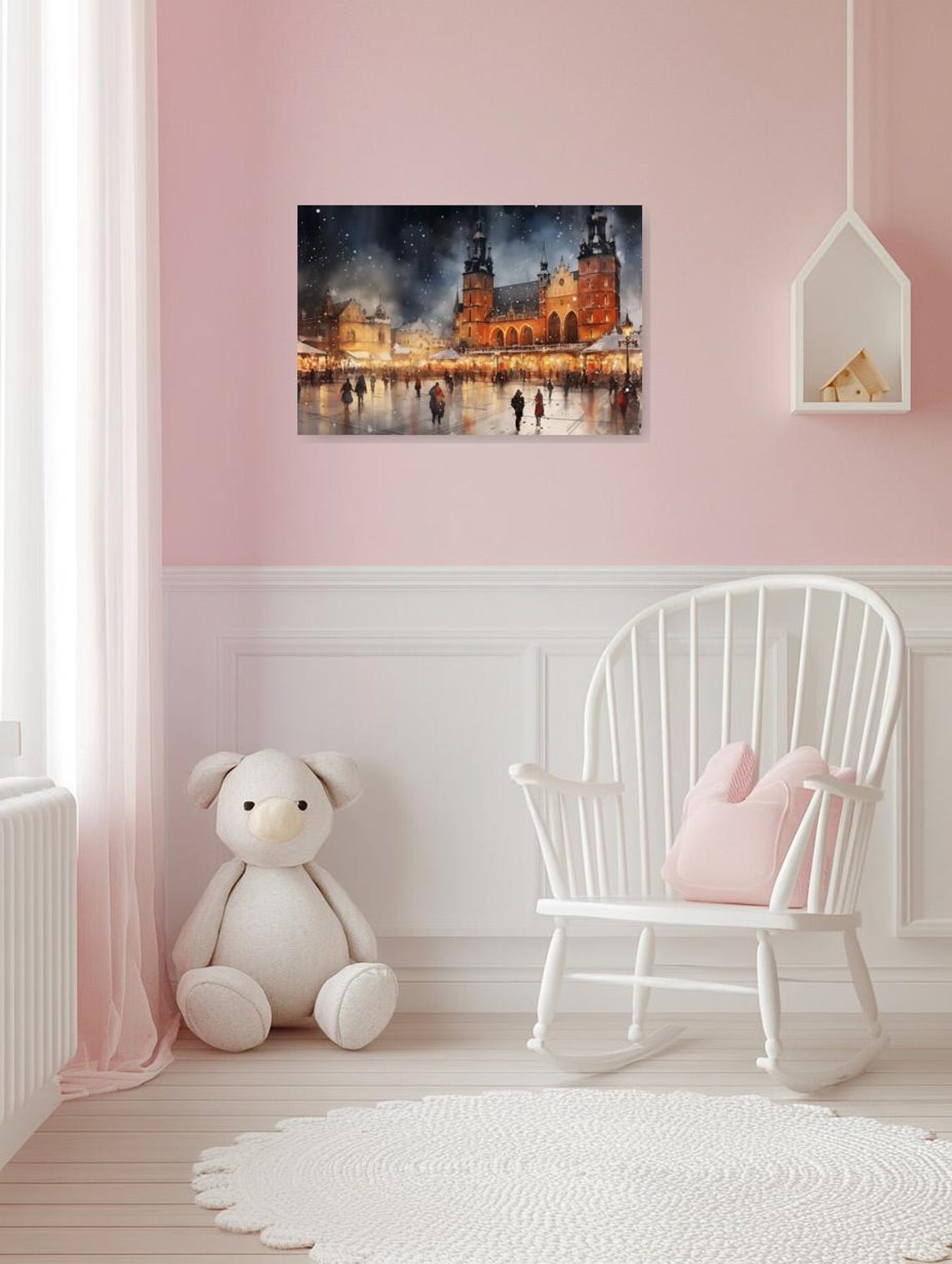 Snowy Winter Cityscape Market Square at Night Warm Lights Art Poster - Image 3
